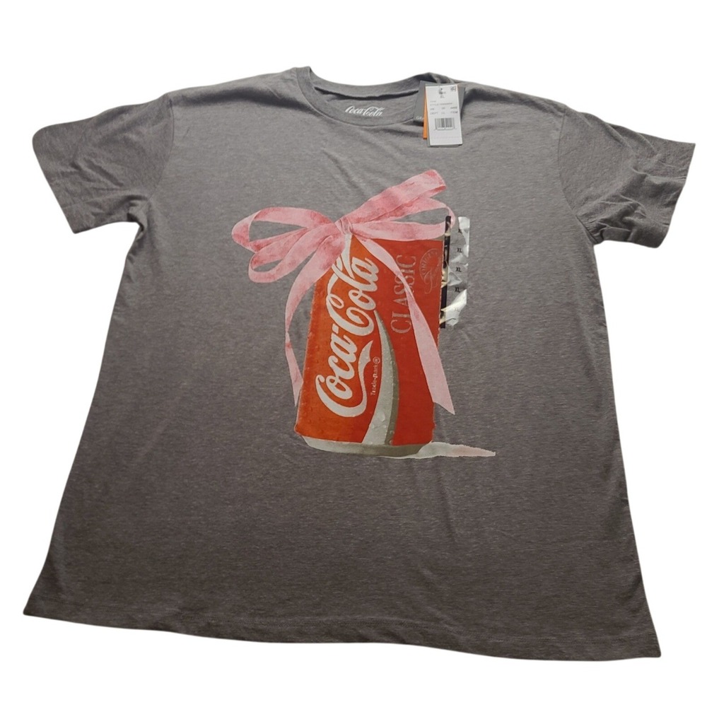 Coca-Cola Classic Graphic T-Shirt Gray Pink Bow Holiday XL Short sleeve NWT